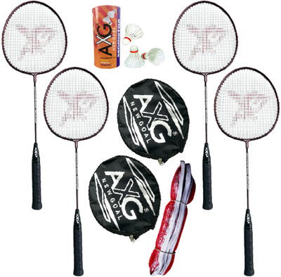 AXG NEW GOAL Scratch Resistant A-2000 Racquets set of 4 with Covers, 3 Feather Shuttles & Net Badminton Kit