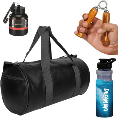 TRUE INDIAN gym bag, SIPPER bottle, MINI WHEY Container with Key-Chain,Wooden hand gripper Fitness Accessory Kit Kit