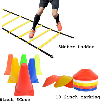 HouseOfCommon 8m Ladder, 6 Inch Cones Pack 6 ,10 Space Markers, Agility Combos Football Kit Football & Fitness Kit