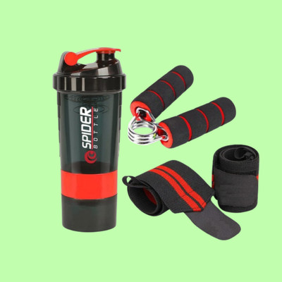 Jais Gym Sports Combo Gym Protein Shaker With Wrist Support Band & Hand Gripper Fitness Accessory Kit Kit