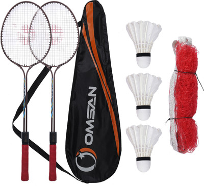 OMSAN 2 Pieces Aluminium Badminton Racket with Net 3 Pieces Feather Shuttles Badminton Kit
