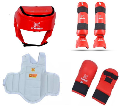 KOHIP Karate Kit Gloves ,Head Guard Shin Guard Chest Guard ( Large-Red) Boxing Head Guard