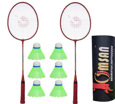 OMSAN Aluminium Badminton Pack Of 2 With 6 Nylon Shuttle & Rackets Bag Badminton Kit.. Badminton Kit