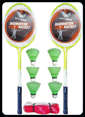 SPO Zone Double Badminton Racket SET Of 2 Piece With 6 Piece Plastic Shuttles WITH NET-4 Badminton Kit