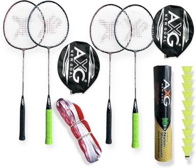 AXG NEW GOAL Scratch resistant A-2000 Racquets - Set of 4 with 10 Plastic Shuttles and Net Badminton Kit