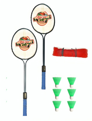 omexx Premium Double-Shaft Badminton Racquet with 6 Nylon Shuttle & 1 Badminton Net | Badminton Kit
