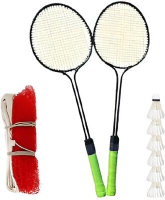 kickmixsports Badminton Raquet Set of 2pcs with 6pcs Feather Shuttles 1 Net Badminton Kit