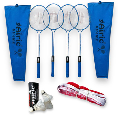 Airic Xtreme Double Shaft Raquets with Feather Shuttles and 3 side tape Net Badminton Kit