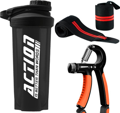TRUE INDIAN 700ml Protein Shaker Bottle, Hand Gripper, Wrist Band for Strong Wrist & Forarms Fitness Accessory Kit Kit