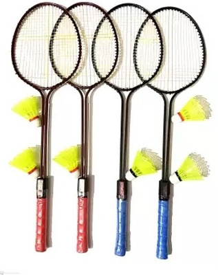 HouseOfCommon 4 PC Double Shaft Racket With 6 PC Nylon Shuttle Branded Badminton Kit