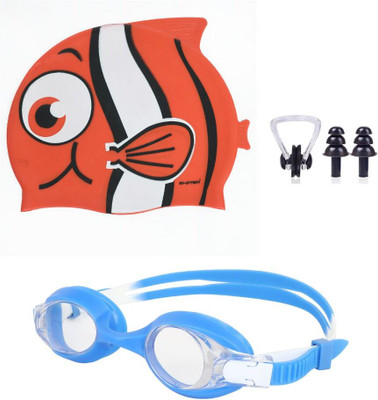 ArrowMax Swimming Cap Goggles Earplugs For Kids Junior Size Combo Set Swimming Kit