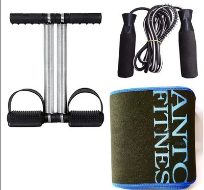 BQH Single Spring Tummy Trimmer Black Colour Combo With Sweat Belt + Skipping Rope Fitness Accessory Kit Kit