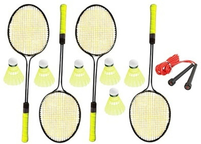kickmixsports Badminton Racquet Set of 4pcs(2 Pair) With 6pcs Nylon Shuttles 1 Skipping Rope Badminton Kit