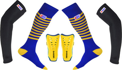 DENOVO Ultimate Protection (One Pair Large Shin Guard + One Pair Lycra Striped Knee Length Football Socks + One Pair UV Protection Arm Sleeves) Football Kit