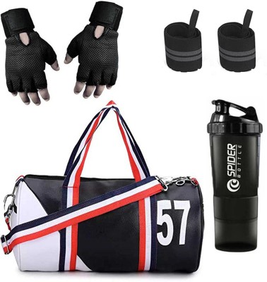 GROUPERS 57 PU Leather Gym Duffle bag ll Sipper Bottle ll Gloves ll Wrist Band - BLK WHT Fitness Accessory Kit Kit