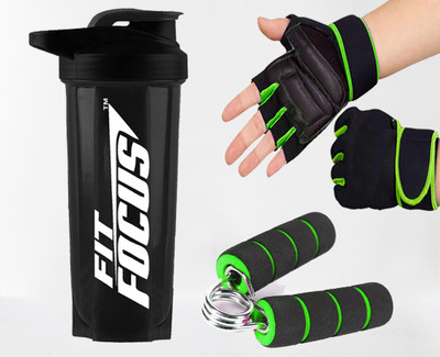 TRUE INDIAN Pack of 3 Combo for Gym Shaker Bottle with Gym Gloves and Mini Gripper Fitness Accessory Kit Kit