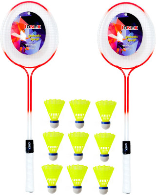 IONEX Double Shaft Multi Colour Set Of 2 Piece Badminton Racket With 9 Piece Plastic Shuttle Badminton Kit
