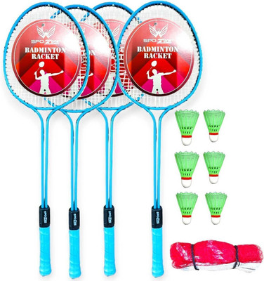 SPO Zone Double Shaft Badminton Racket Pack Of 4 Piece With 6 Piece Plastic Shuttle And 1 Piece Badminton Net Badminton Kit
