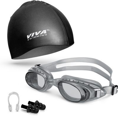 VIVA SWIMMING Swimming Goggles & Swimming Cap with 2 Ear Plug, Nose Clip Swimming Kit