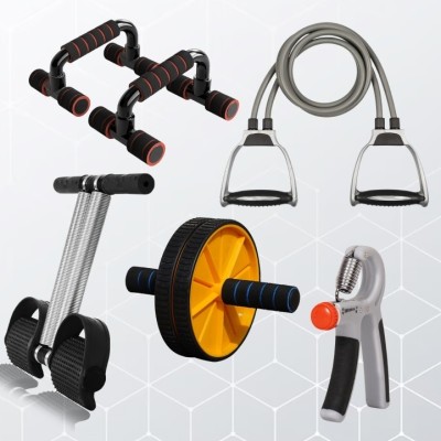 FITGENIX Toning Tube,Tummy Trimmer ,Pushup bar And Ab Roller,Hand Grip Grey Fitness Gym & Fitness Kit