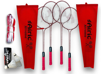 Airic Red Xtreme Double Shaft Raquets with Feather Shuttles and 3 side tape Net Badminton Kit