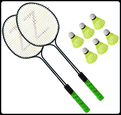 SPO Zone Badminton Racquite Set of 2 With Plastic Shuttlecocks pack of 6 Dobule Rod-10 Badminton Kit