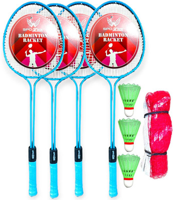 SPO Zone Badminton Kit Combo Set Of 4 Piec Racquet With 3 Piece Feathers Shuttle With Net Badminton Kit