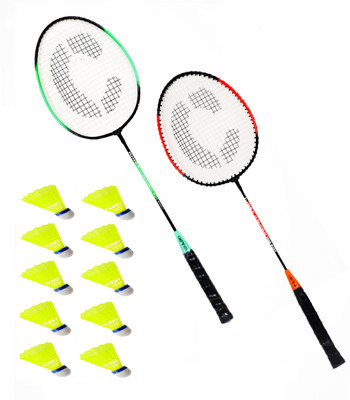 CARRY ON Single Shaft Badminton Racket Pack Of 2 Piece With 10 Piece Plastic Shuttle Badminton Kit