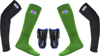 DENOVO Ultimate Protection (One Pair Large Shin Guard + One Pair Lycra Plain Knee Length Football Socks + One Pair UV Protection Arm Sleeves) Football Kit