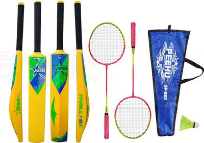 STARX Thrill Fox Plastic Bat Full Size, Plastic Bat for Tennis Ball PVC/Plastic Cricket Bat With Soft Grip Badminton Racket with Cover and Shuttle Cork Cricket Kit