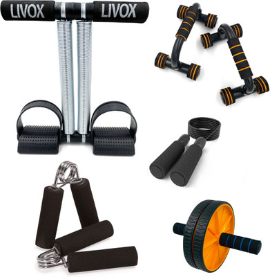 LIVOX Tummy Trimmer, Pushup Bar And Abs Wheel Roller With Skipping Rope, 2 Hand Grips Fitness Accessory Kit Kit