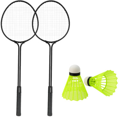 RSKON Double Shaft Badminton Rackets Set with 2 Shuttlecocks | Durable & Lightweight | Black, Green Strung Badminton Racquet(Pack of: 2, 490 g)