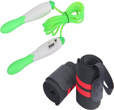 GymWar Combo of Tough and Durable Jumping Rope with Counter+ Wrist Wrap with loop Band Fitness Accessory Kit Kit