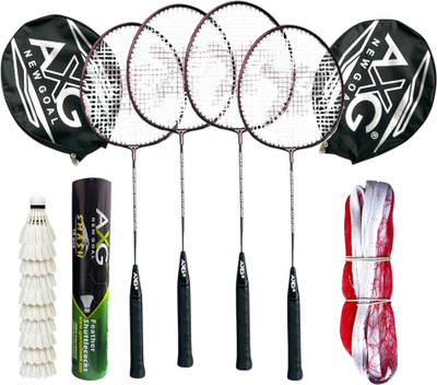 AXG NEW GOAL Scratch resistant A-2000 Racquets set of 4 with 10 Feather Shuttles & Net Badminton Kit
