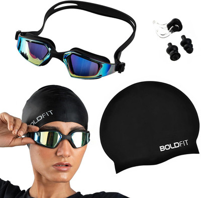 BOLDFIT Swimming Set with Anti-Fog Goggles and Silicone Swimming Cap for Adults & Kids Swimming Kit