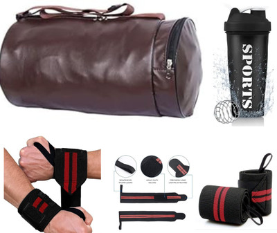 EMMKITZ brown gym bag with spider bottle with wrist support & gym gloves Home Gym Kit Fitness Accessory Kit Kit