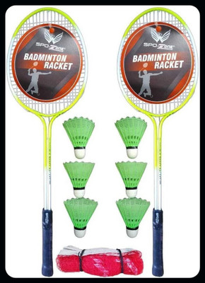 SPO Zone Double Badminton Racket SET Of 2 Piece With 6 Piece Plastic Shuttles WITH NET-4 Badminton Kit