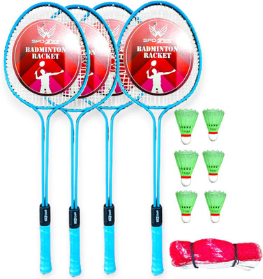 SPO Zone Badminton Kit Combo Set Of 4 Piec Racquet With 3 Piece Feathers Shuttle With Net Badminton Kit