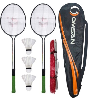 OMSAN 2 Pieces Aluminium Badminton Racket with Net 3 Pieces Feather Shuttles- Badminton Kit