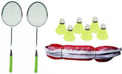 Forgesy st 2 Pc Badminton Racquets + Two Side Niwar Tape Badminton Net+ 6 pc new Badminton Kit