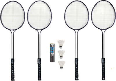 FYZIKPRO 4 Pc Double Shaft Rcaquet, 3 Pc Feather Shuttle Badminton Kit