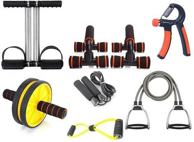 PRODEALS COMBO OF DOUBLE SPRING TUMMY TRIMMER, PUSH UP STAND, AB WHEEL/ROLLER, TONING TUBE, PLASTIC HAND GRIP, SKIPPING ROPE AND RESISTANCE TUBE Fitness Accessory Kit Kit
