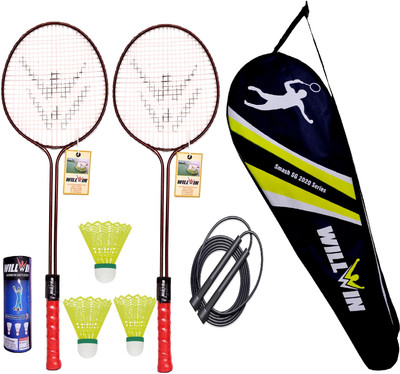 HouseOfCommon Double Shaft Set Of 2 Racket And 3 Nylon shuttle and With cover and Rope Badminton Kit