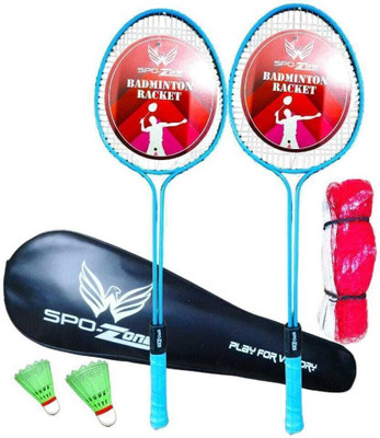 SPO Zone Double Shaft Badminton Racket Combo Kit Set Of 2 Racquet With 2 Shuttlecock Net Badminton Kit