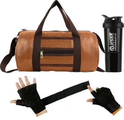 TRUE INDIAN Gym Front Zip Bag Tan Leather Bag Shaker Bottle Gloves with Long Wrist Strap Fitness Accessory Kit Kit