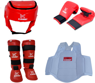 KOHIP Karate Kit Set Gloves ,Head Guard Shin Pad Chest Guard (Red-L) Boxing Kit