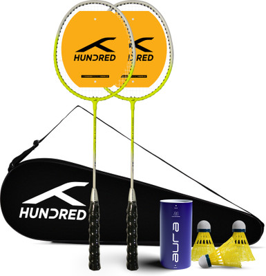 Hundred Powertek Ultra X Set (2 Strung Rackets + 1 Full Cover + 3pc Aura Nylon Shuttles) Badminton Kit