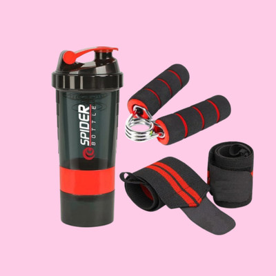 Jais Set of 3 Gym Protein Shaker With Wrist Support Band & Hand Gripper Fitness Accessory Kit Kit