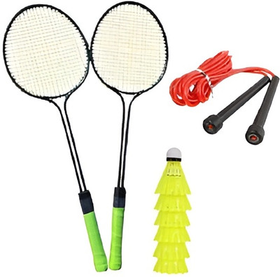 kickmixsports Badminton Raquet Set of 2pcs with 6pcs Nylon Shuttles 1 Skipping Rope Badminton Kit