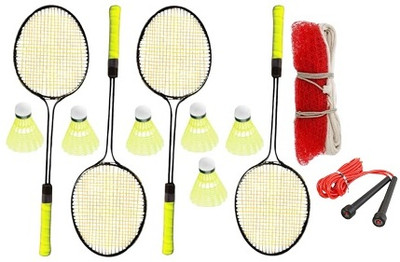 kickmixsports Combo Badminton Racquet Set of 4pcs With 6pcs Nylon Shuttles 1 Pencil Rope 1 Net Badminton Kit